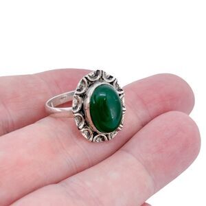 Estate Sterling Silver 925 Green Glass Cabochon Ring Size 8